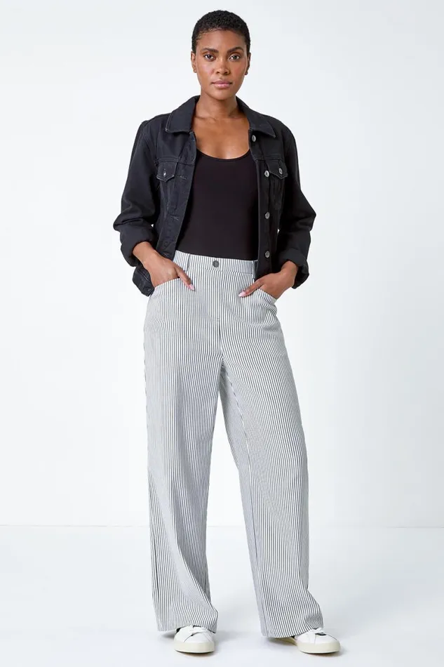 Women Black Stripe Wide Leg Stretch Trousers Roman Trousers
