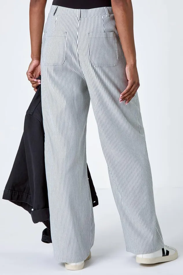 Women Black Stripe Wide Leg Stretch Trousers Roman Trousers