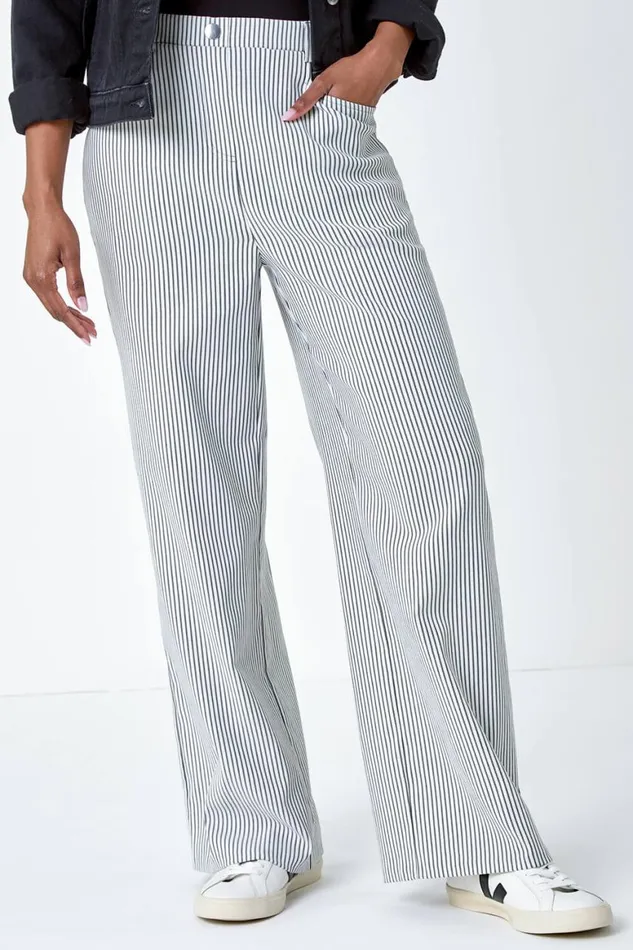Women Black Stripe Wide Leg Stretch Trousers Roman Trousers