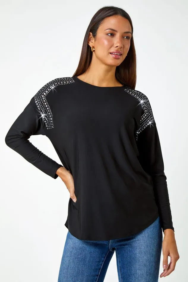 Women Black Stud Embellished Stretch Jersey Top Roman Tops