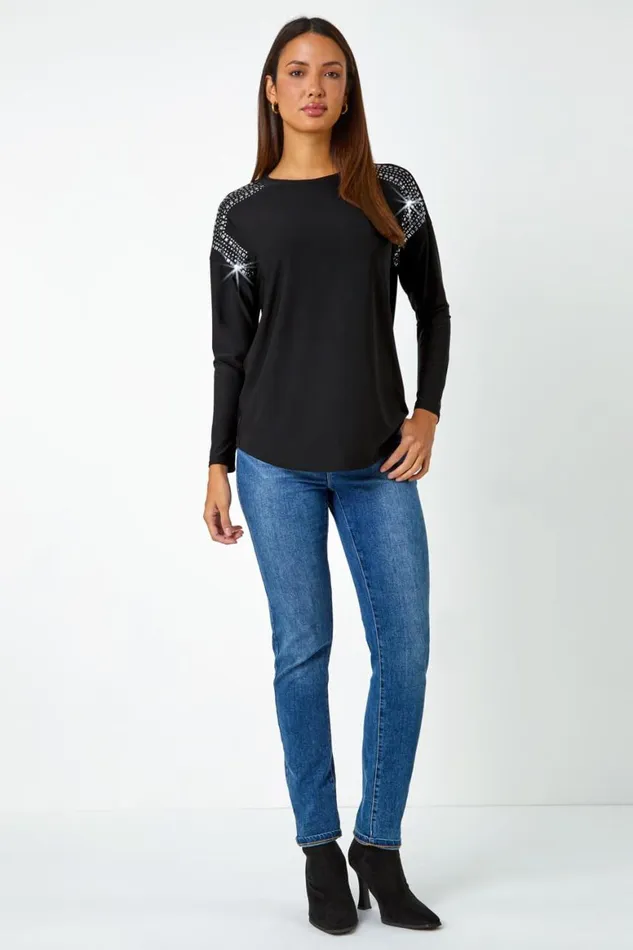 Women Black Stud Embellished Stretch Jersey Top Roman Tops