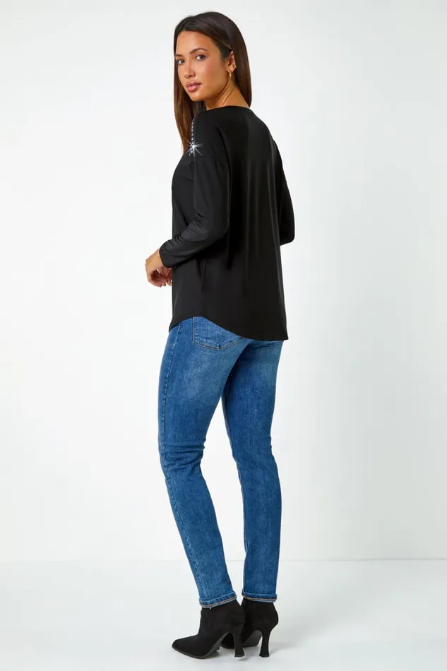 Women Black Stud Embellished Stretch Jersey Top Roman Tops