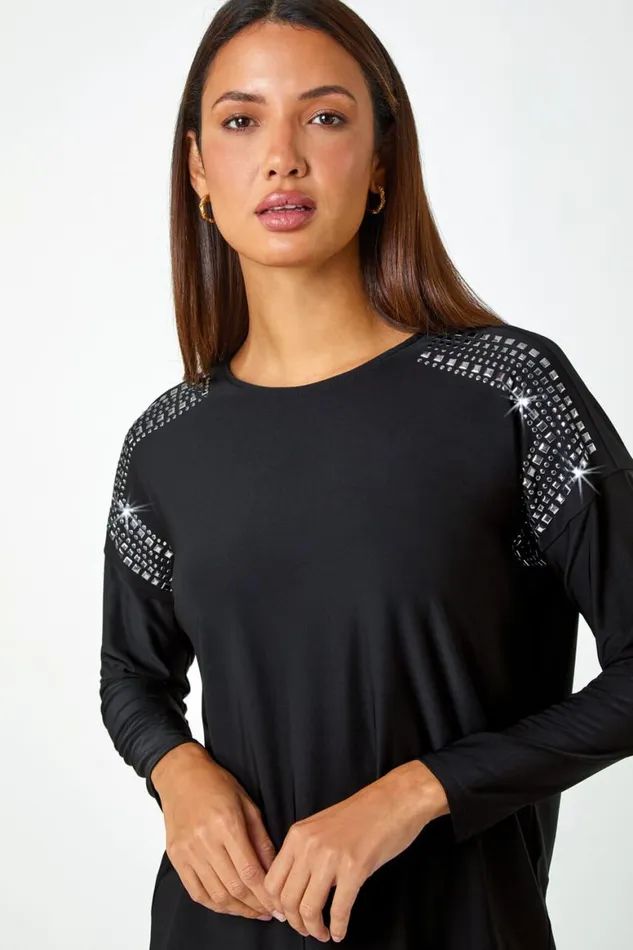 Women Black Stud Embellished Stretch Jersey Top Roman Tops