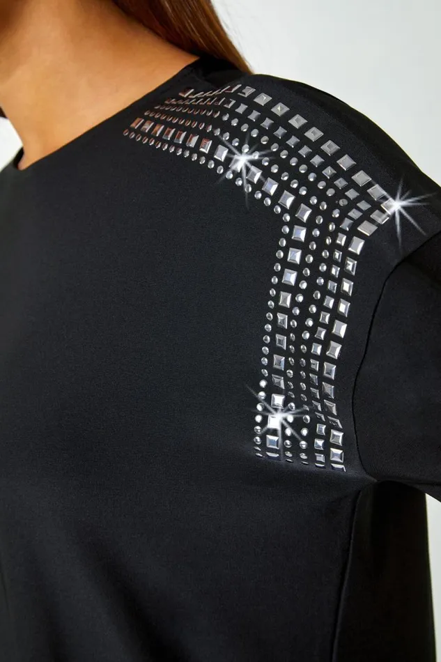 Women Black Stud Embellished Stretch Jersey Top Roman Tops
