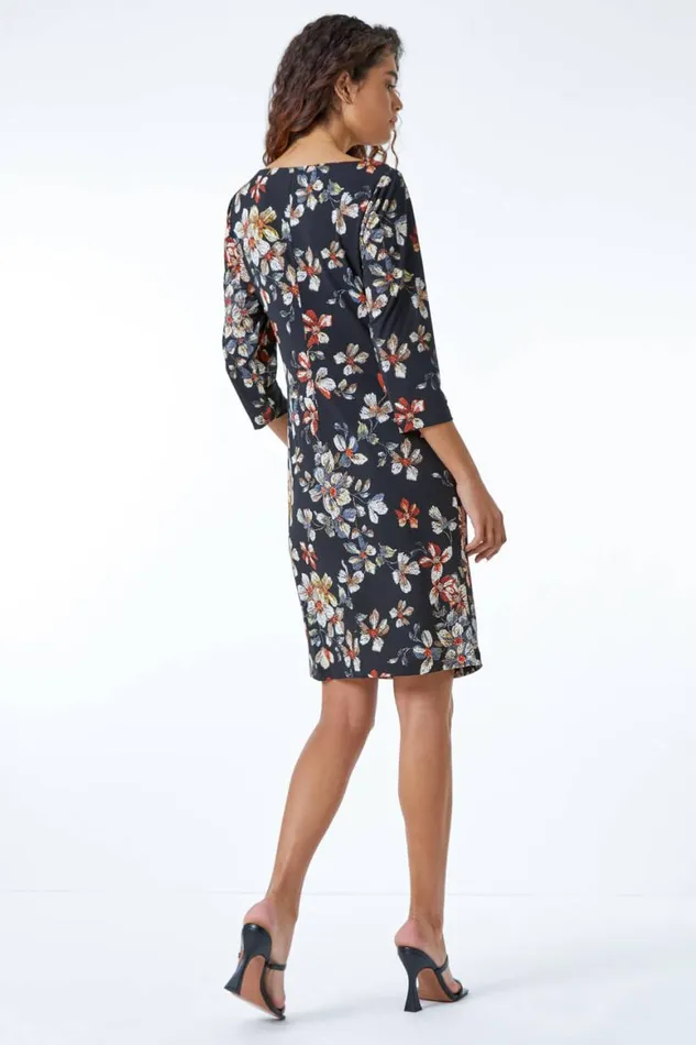 Women Black Textured Floral Print Ruched Waist Dress Roman Dresses