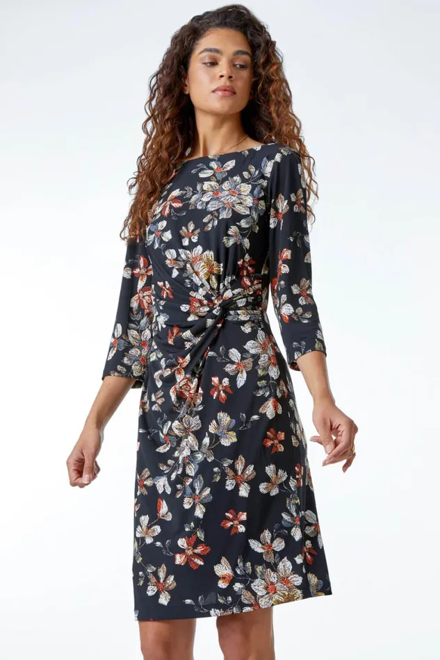 Women Black Textured Floral Print Ruched Waist Dress Roman Dresses