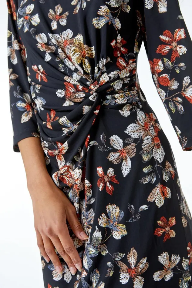 Women Black Textured Floral Print Ruched Waist Dress Roman Dresses