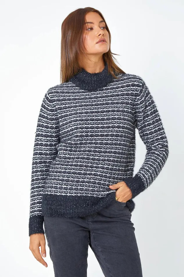 Women Black Textured High Neck Knit Jumper Roman Knitwear