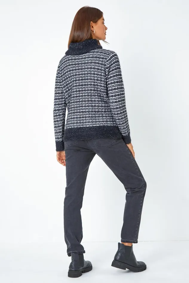 Women Black Textured High Neck Knit Jumper Roman Knitwear