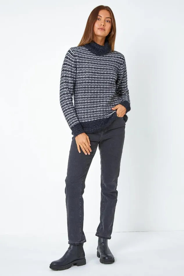 Women Black Textured High Neck Knit Jumper Roman Knitwear