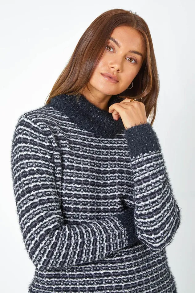 Women Black Textured High Neck Knit Jumper Roman Knitwear