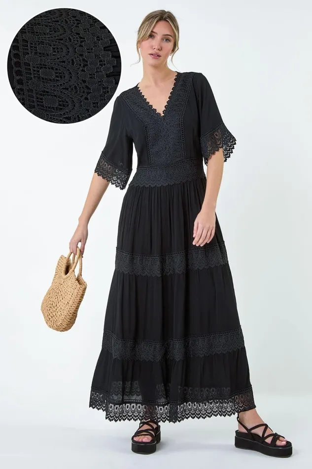 Women Black Tiered Lace Detail Maxi Dress Roman Dresses