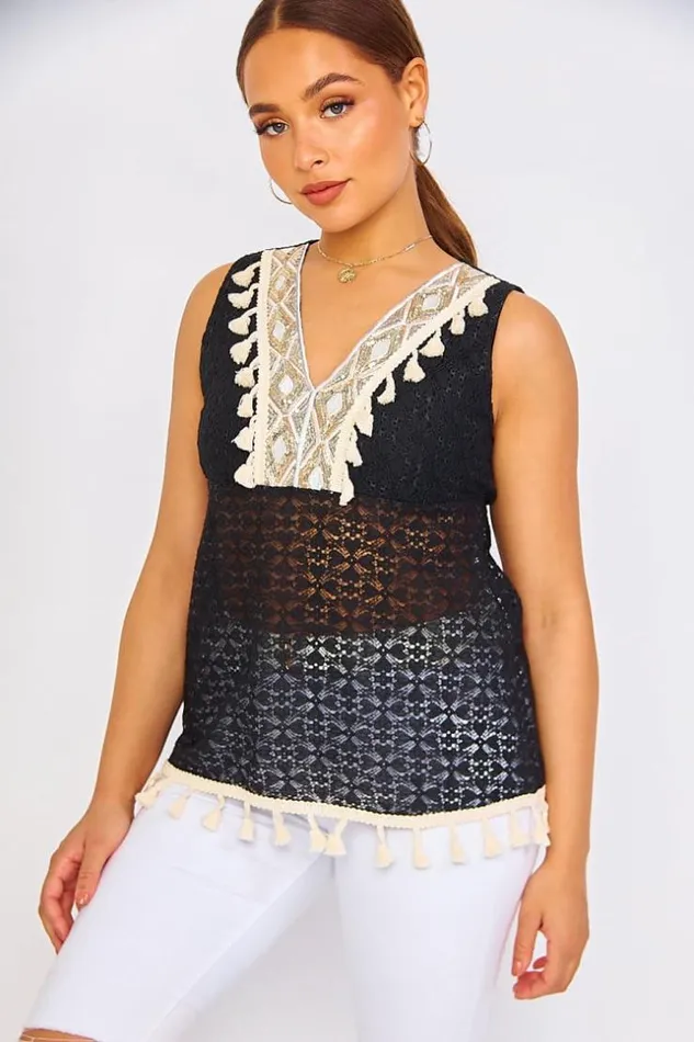 Women Black Top With Sequins And Pompoms Black Brentiny Paris Lace Tops