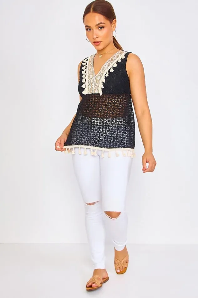 Women Black Top With Sequins And Pompoms Black Brentiny Paris Lace Tops