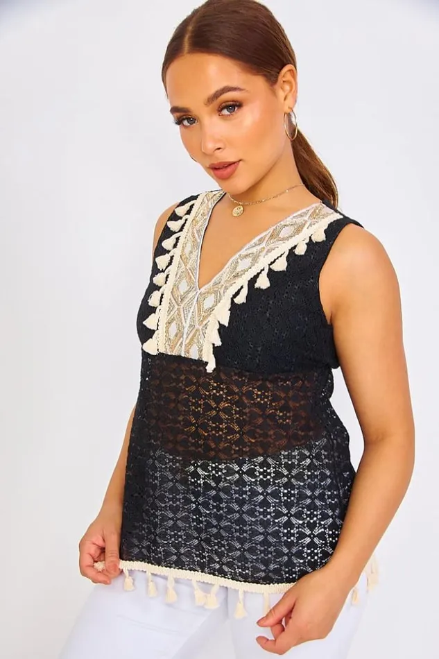 Women Black Top With Sequins And Pompoms Black Brentiny Paris Lace Tops