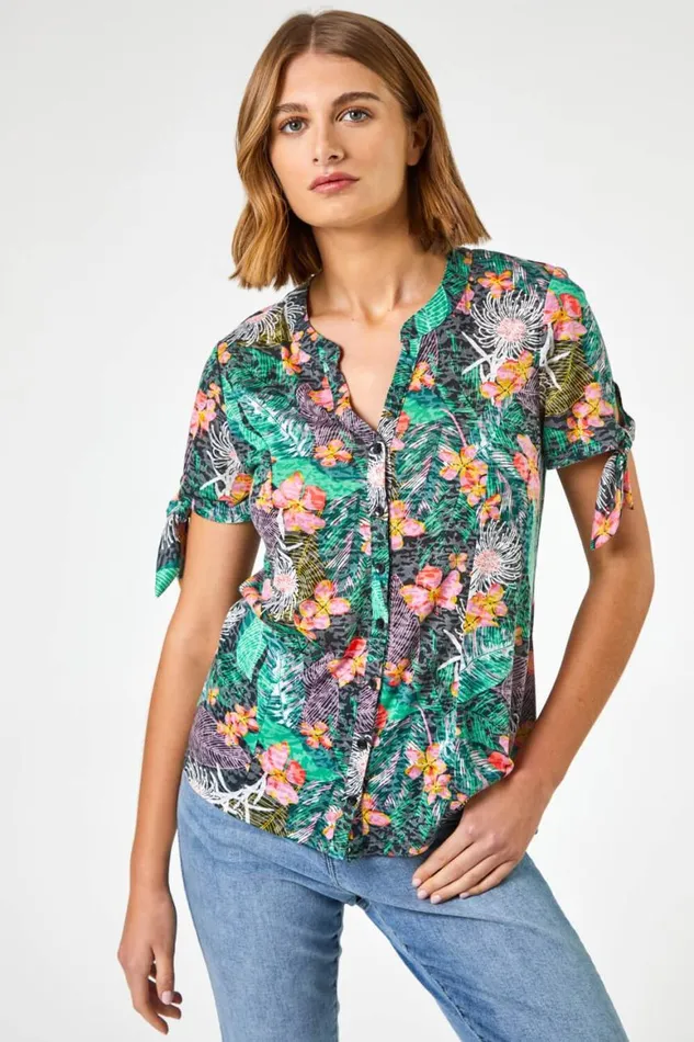 Women Black Tropical Burnout Print VNeck Tie Detail Top Roman Tops