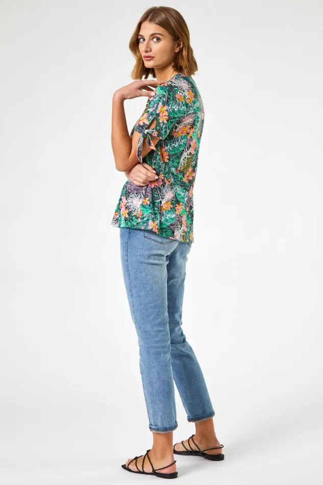 Women Black Tropical Burnout Print VNeck Tie Detail Top Roman Tops