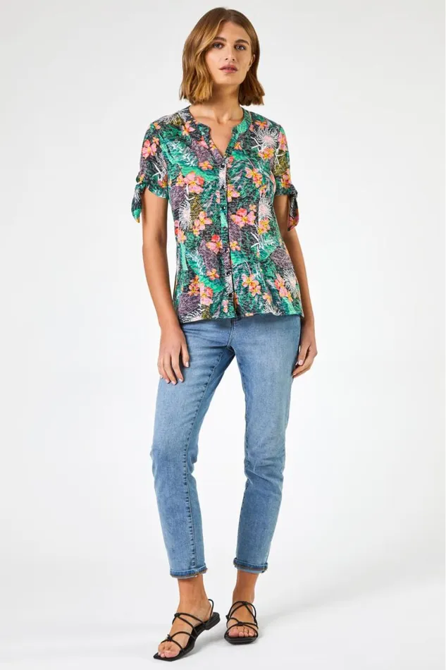 Women Black Tropical Burnout Print VNeck Tie Detail Top Roman Tops