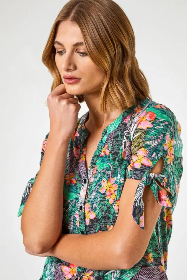 Women Black Tropical Burnout Print VNeck Tie Detail Top Roman Tops