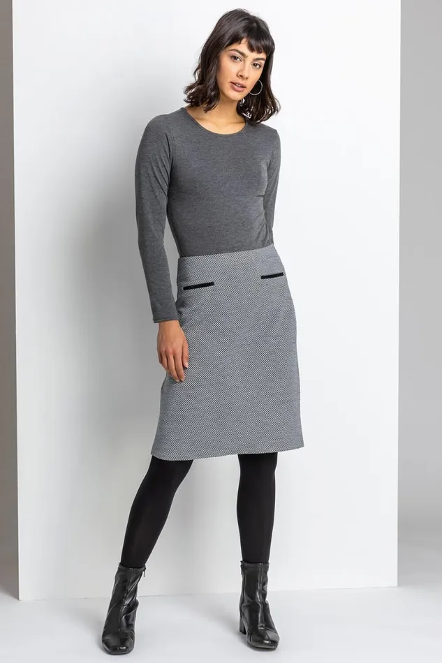 Women Black Two Tone Textured Elastic Waist Skirt Roman Skirts