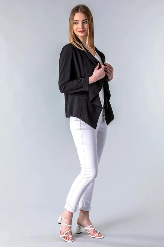 Women Black Waterfall 34 Sleeve Jacket Roman Jackets