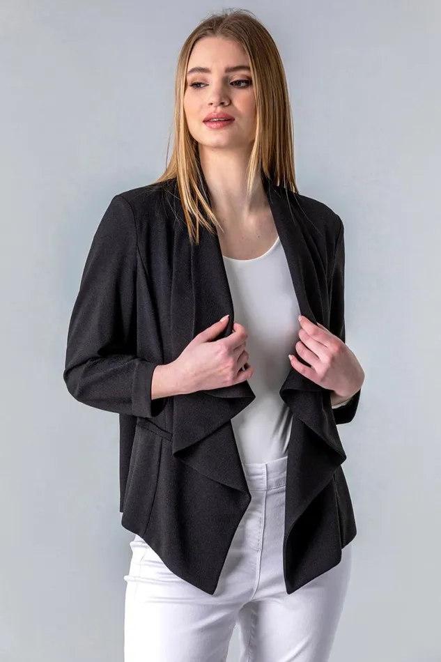 Women Black Waterfall 34 Sleeve Jacket Roman Jackets