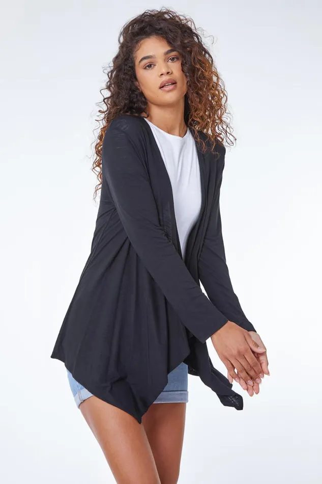 Women Black Waterfall Front Jersey Cardigan Roman Tops