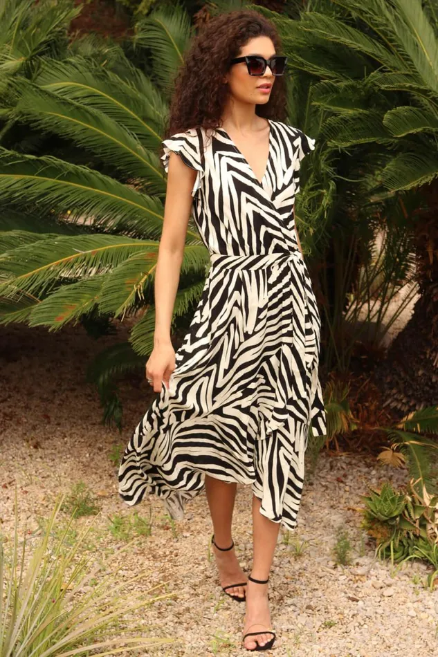 Women Black Zebra Print Maxi Wrap Dress Roman Dresses