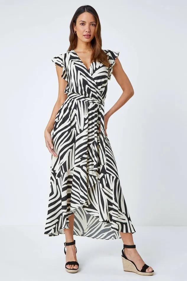 Women Black Zebra Print Maxi Wrap Dress Roman Dresses