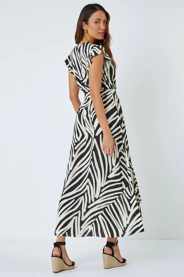 Women Black Zebra Print Maxi Wrap Dress Roman Dresses