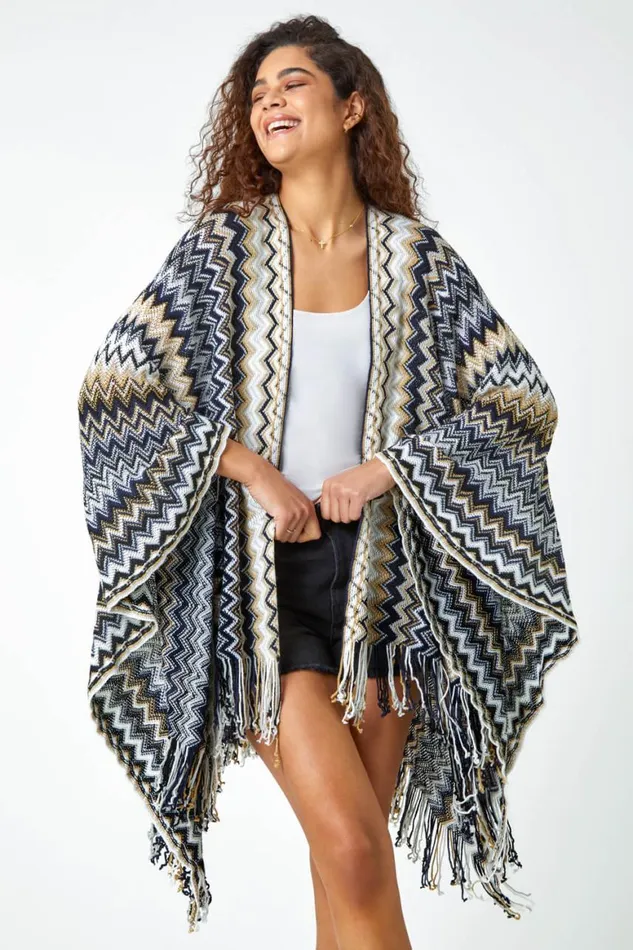 Women Black Zig Zag Fringe Detail Knitted Cape Roman Knitwear