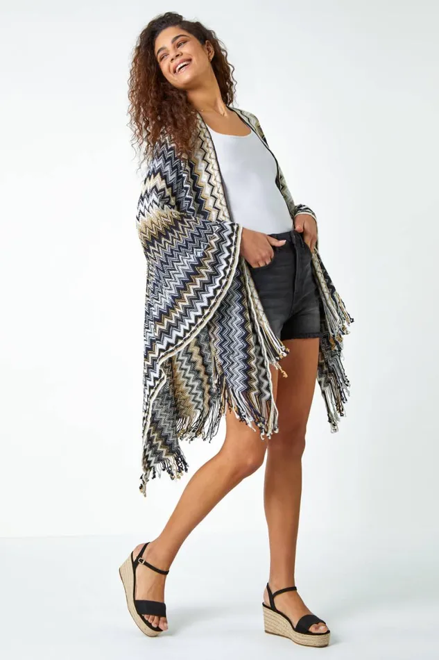 Women Black Zig Zag Fringe Detail Knitted Cape Roman Knitwear