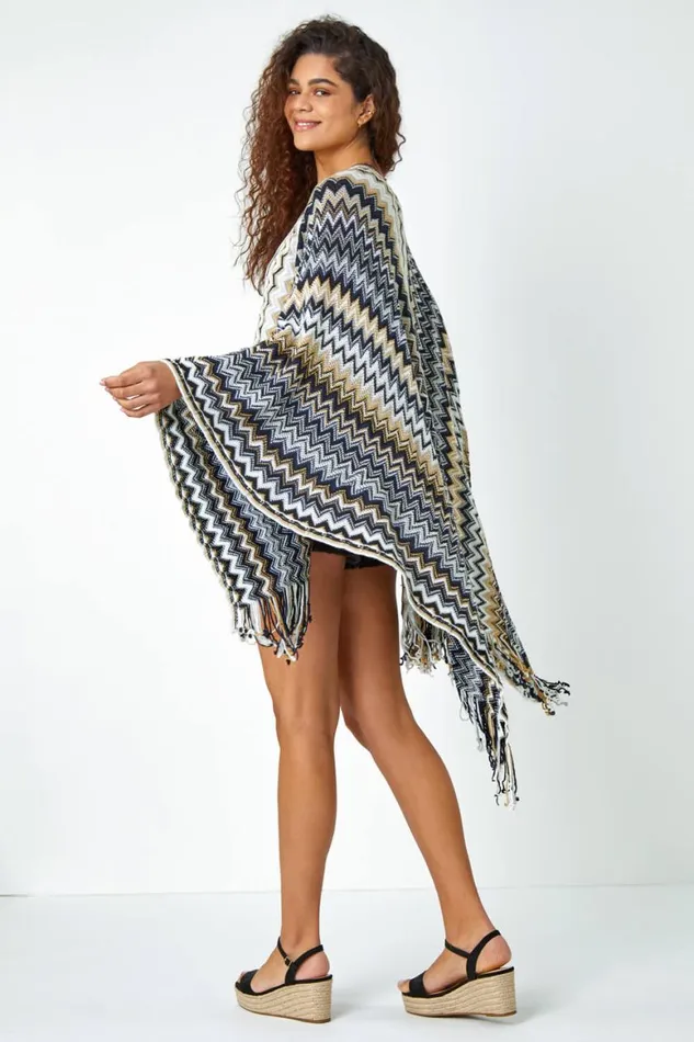 Women Black Zig Zag Fringe Detail Knitted Cape Roman Knitwear