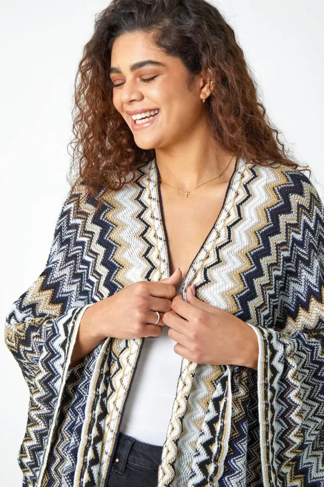 Women Black Zig Zag Fringe Detail Knitted Cape Roman Knitwear