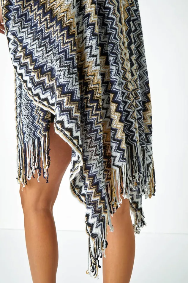 Women Black Zig Zag Fringe Detail Knitted Cape Roman Knitwear