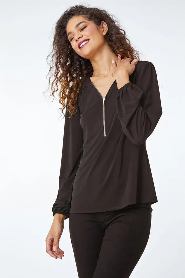 Women Black Zip Detail Stretch Top Roman Tops