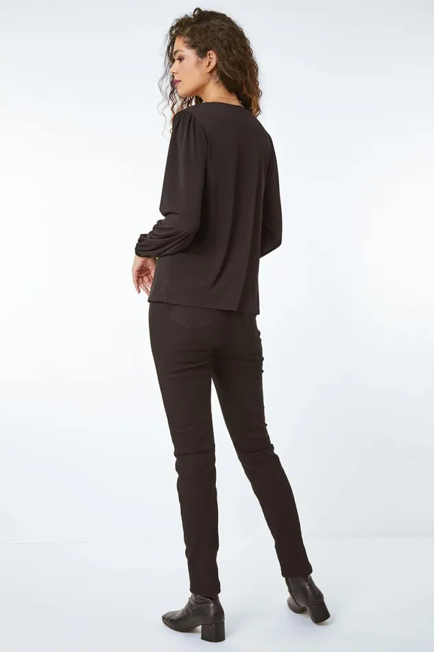 Women Black Zip Detail Stretch Top Roman Tops