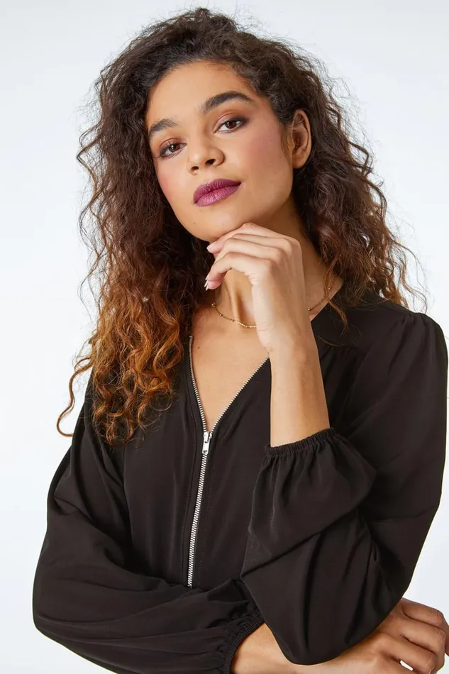 Women Black Zip Detail Stretch Top Roman Tops