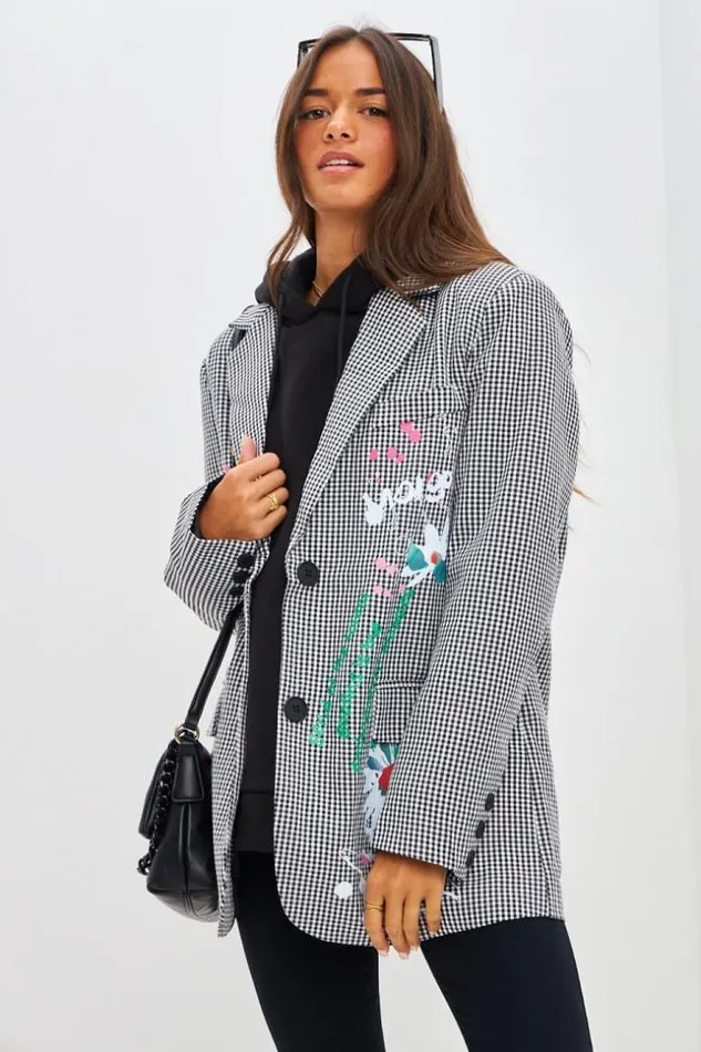 Women Blazer Oversize Imprim Vichy Noir Et Blanc Black Brentiny Paris Jackets