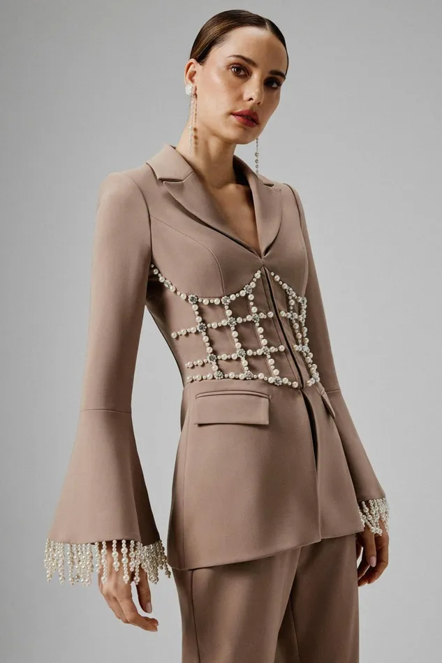 Women Blazers Lavish Alice CELESTE Pearl Embellished Blazer In Mushroom Mushroom