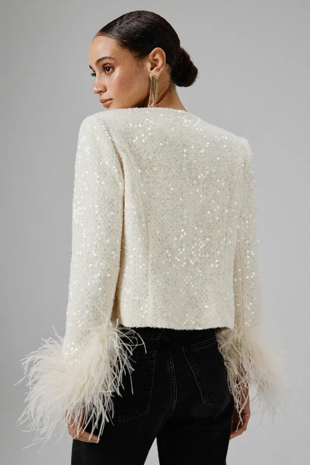 Women Blazers Lavish Alice LARIA Sequin Boucle Jacket With Gold Rose Embellishment In Beige Beige