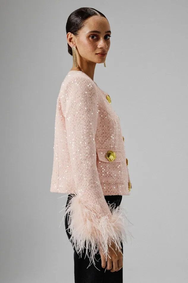 Women Blazers Lavish Alice LARIA Sequin Boucle Jacket With Gold Shell Embellishment In Pink Pink Women Blazers Lavish Alice LARIA Sequin Boucle Jacket With Gold Shell Embellishment In Pink Pink