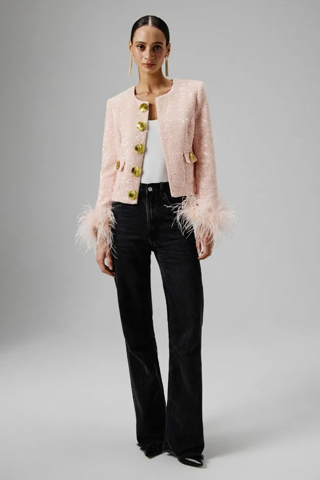 Women Blazers Lavish Alice LARIA Sequin Boucle Jacket With Gold Shell Embellishment In Pink Pink