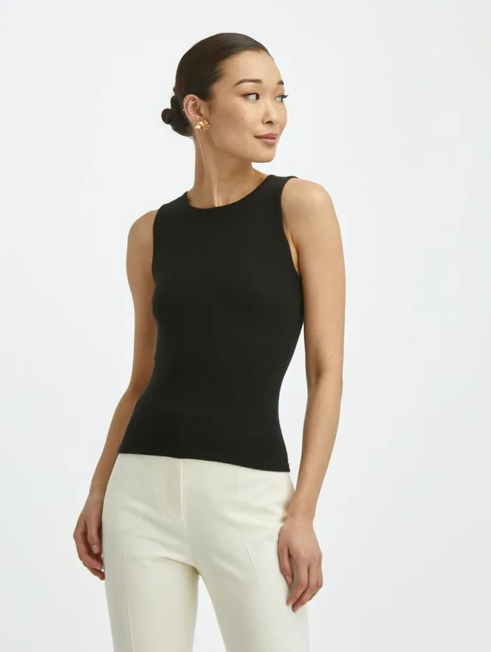 Women Blouses and Knits Oscar De La Renta Cashmere Silk Jewel Neck Tank Black