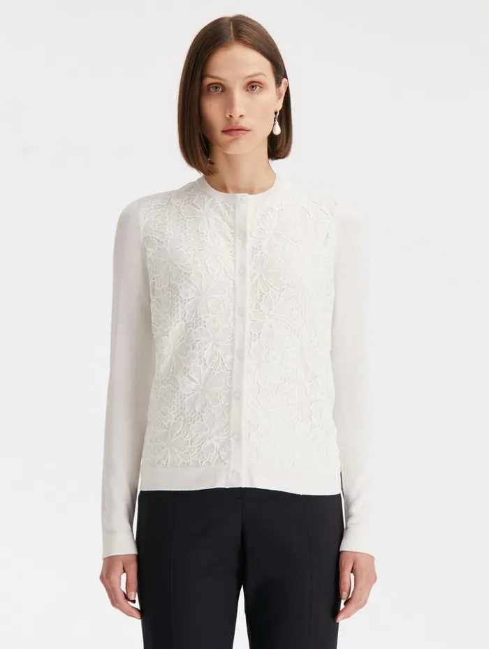 Women Blouses and Knits Oscar De La Renta Chantilly Lace Guipure Inset Cardigan White