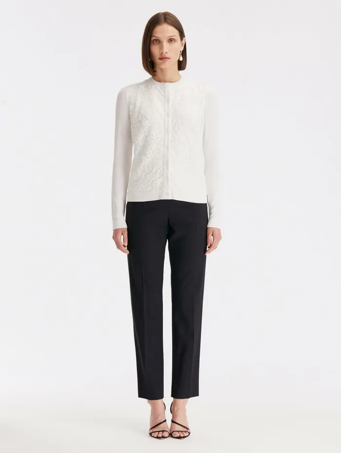 Women Blouses and Knits Oscar De La Renta Chantilly Lace Guipure Inset Cardigan White Women Blouses and Knits Oscar De La Renta Chantilly Lace Guipure Inset Cardigan White
