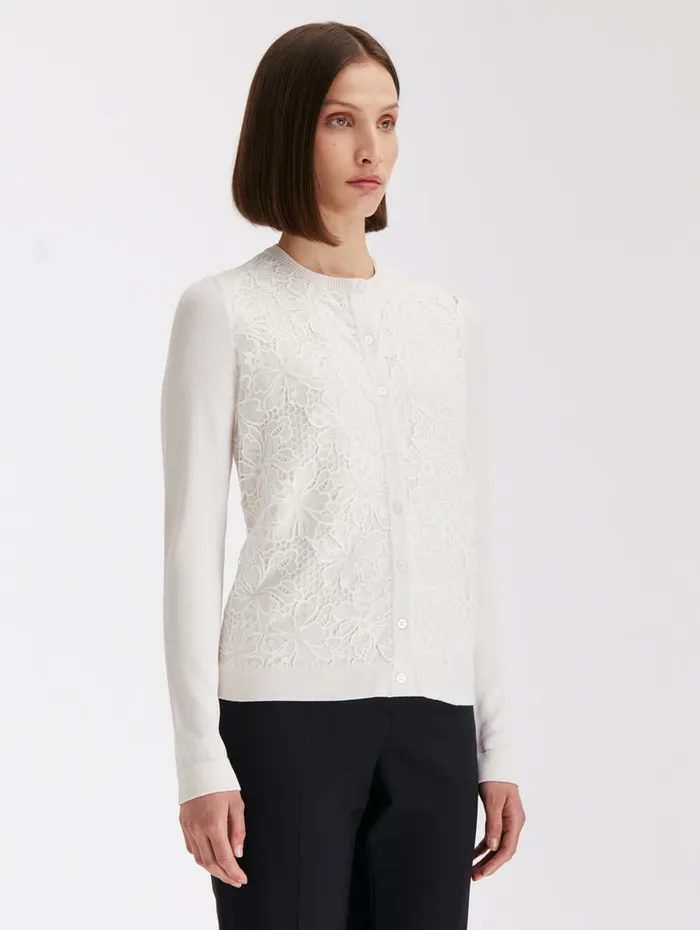 Women Blouses and Knits Oscar De La Renta Chantilly Lace Guipure Inset Cardigan White Women Blouses and Knits Oscar De La Renta Chantilly Lace Guipure Inset Cardigan White