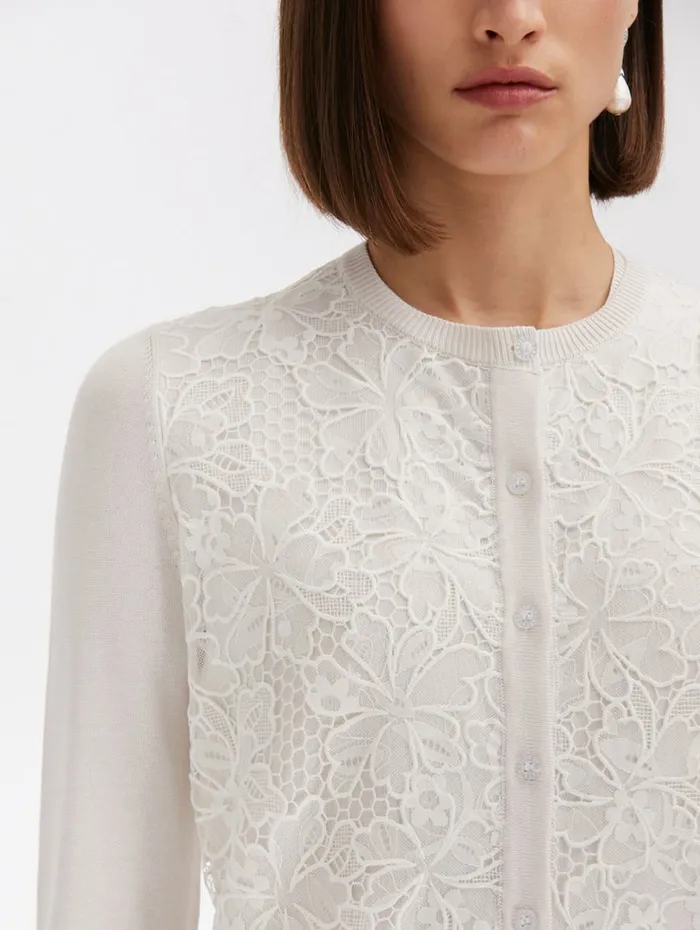 Women Blouses and Knits Oscar De La Renta Chantilly Lace Guipure Inset Cardigan White Women Blouses and Knits Oscar De La Renta Chantilly Lace Guipure Inset Cardigan White