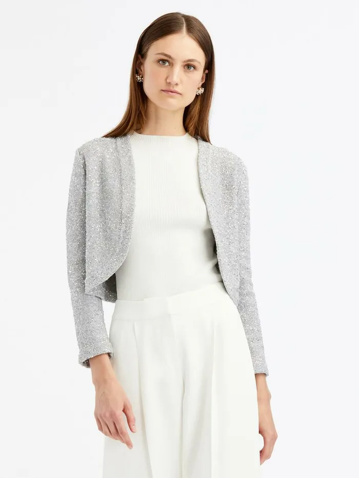 Women Blouses and Knits Oscar De La Renta Sequin Cashmere Silk Bolero Silver