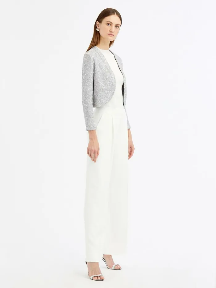 Women Blouses and Knits Oscar De La Renta Sequin Cashmere Silk Bolero Silver Women Blouses and Knits Oscar De La Renta Sequin Cashmere Silk Bolero Silver